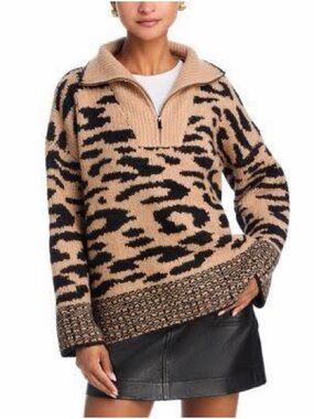 AQUA Leopard Print 1/4 Zip Pullover Sweater Size S Chunky Knit